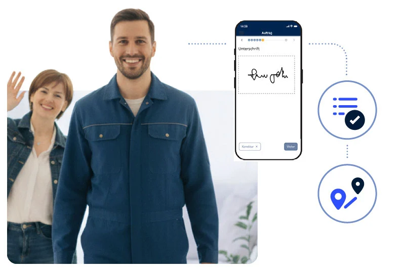 Servicetechniker neben einer Smartphone-Ansicht mit Unterschriftenfeld sowie Symbolen für Liste und Standorte von Solvares Field Service