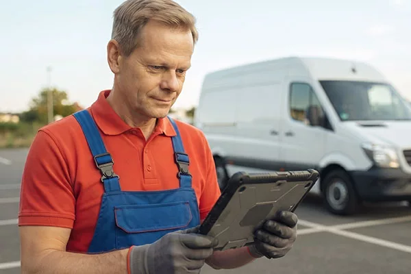 Ein Servicetechniker auf einem Parkplatz schaut auf sein Tablet, um den Servicebericht anzugehen; Solvares Field Service