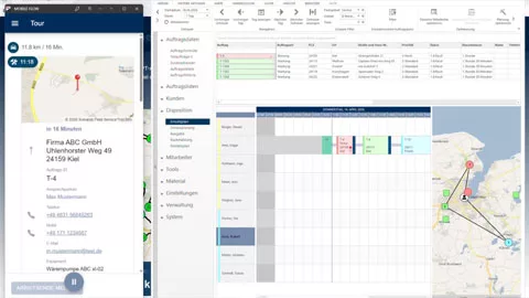 Solvares Field Service mit Smartphone-Ansicht einer Route sowie Softwareoberfläche mit Auftragsliste, Zeitplan und Karte